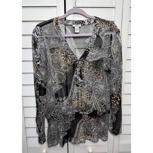 Cache Vintage Y2K Leopard Print 100% Silk Long Sleeve Peplum Top Women's Size S